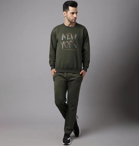 Men Olive Green & White Typography Print Cotton Track Suit